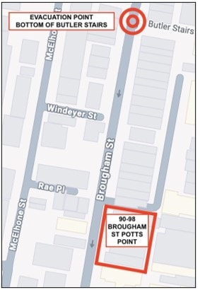 Evacuation map showing assembly point at bottom of Butler Stairs, Brougham St Potts Point
